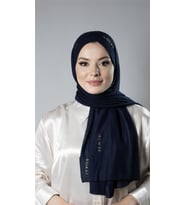 Lacivert Pratik Hazır Geçmeli Tesettür Şal Örme Kumaş Taşlı Yıldız Desenli  2118Y_02