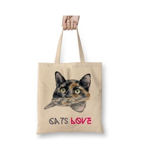 Cats Love Kedi Beyaz Bez Çanta Uzun Saplı Alışveriş Çantası Plaj Çantası