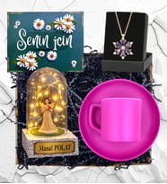 Size Özel Led Işıklı Melekli Fanus, Pembe Kahve Fincanı ve Lotus Kolye Hediye Seti