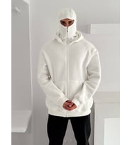 OVERSIZE KAPÜŞONLU NİNJA HIRKA - FERMUARLI PENYE ŞARDONLU MASKE KAPÜŞON (Beyaz)