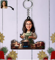 BK Gift Kişiye Özel Kadın Yılbaşı Karikatürlü Ahşap Anahtarlık -4, Yeni Yıl Hediyesi, Yılbaşı Hediyesi