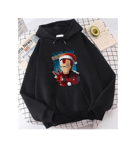 İron Man Hohoho Yeni Yıl Kapşonlu Sweatshirt (Siyah)
