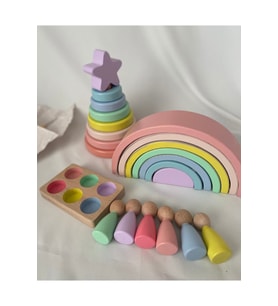 7'li Waldorf Gökkuşağı, Yıldız Kule, Peg Bebek Tabla Seti, Waldorf Eğitsel Ahşap Oyuncak Jumbo Set