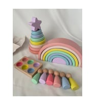7'li Waldorf Gökkuşağı, Yıldız Kule, Peg Bebek Tabla Seti, Waldorf Eğitsel Ahşap Oyuncak Jumbo Set