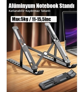 Katlanabilir Ayarlı Dizüstü Alüminyum Notebook Stand Macbook Tablet Laptop Standı (Düz Siyah)