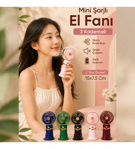 Mini Şarjlı El Fanı 3 Kademeli USB Taşınabilir Sessiz Vantilatör 15x7,5 Cm