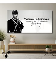Panoramik Kanvas Makam Panosu Siyah Beyaz Atatürk Vatanını En Çok Seven Görevini En İyi Yapandır