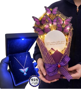 Işıklı Premium Kutusunda 925 Ayar Gümüş Kolye ve Led Işıklı Aynalı Kelebek Buketi (Model 6)