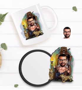 BK Gift Kişiye Özel Viking Karikatürlü Beyaz Kupa ve Ahşap Bardak Altlığı Hediye Seti-1