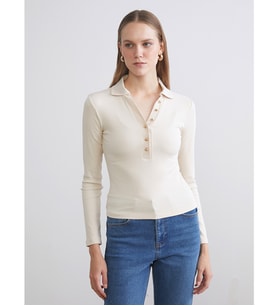 LCW EVERYDAY Ekru Polo Yaka Modal Karışımlı Kadın Tişört