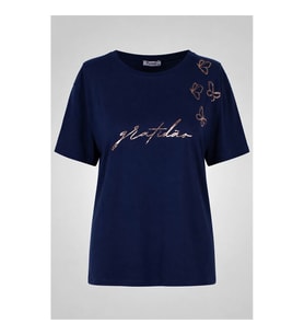 Trender Kelebek Bask Lacivert Kadın T-Shirt 26YDT1000097