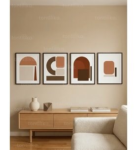 Minimalist Geometrik Soyut Toprak Tonları 4’lü Ahşap Çerçeveli Tablo Seti