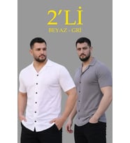 Erkek Waffle Dokuma Açık Yakalı Düğmeli Regular Kalıp 2’li Gömlek Seti - Beyaz - Gri