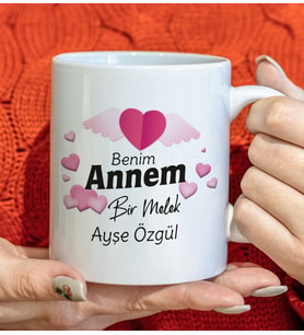 BK Gift Kişiye Özel Benim Annem Bir Melek Tasarımlı Beyaz Kupa Bardak, Doğum Günü Hediyesi