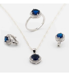 925 Ayar Gümüş Mavi Yuvarlak Taşlı Set