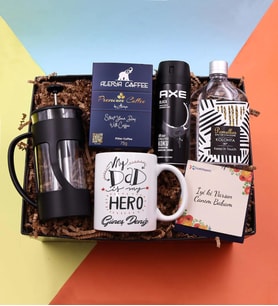Kişiye Özel My Dad Hero Baskılı Kupa & Siyah French Press & Alerya Premium Filtre Kahve & Erkek Deodorant & Pomellos Kolonya Hediye Setia