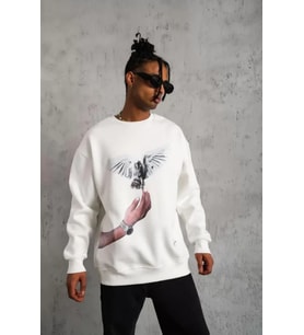 Erkek Güvercin Baskılı Sweatshirt - Beyaz