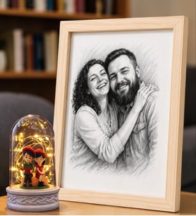 Kişiye Özel Karakalem Fotoğraflı Ahşap Çerçeve ve Led Işıklı Oturan Çift Biblolu Fanus Hediye Seti