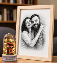 Kişiye Özel Karakalem Fotoğraflı Ahşap Çerçeve ve Led Işıklı Oturan Çift Biblolu Fanus Hediye Seti