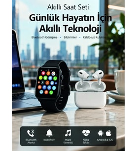 Bluetooth Arama Özellikli Akıllı Saat Seti Kablosuz Kulaklık Hediyeli, Android & İos Uyumlu