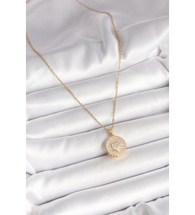 316L Çelik Gold Renk Zincir Madalyon Zirkon Taşlı Kalp Model Kadın Kolye 5886 - HPSBYI3967-2363