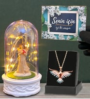 Led Işıklı Fanus ve Renkli Zümrüdü Anka Kuşu Kolye Hediye Seti (Model 5)