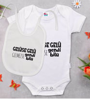 BK Kids Gelüse Gelü Tasarımlı Beyaz Bebek Body Zıbın ve Mama Önlüğü Hediye Seti-1