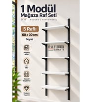 1 Modül 5 Raflı Konik Dikme Mağaza Raf Sistemi 60x30 cm Beyaz Suntalam Duvar Rafı