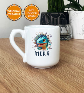 3D Efektli Dinazor Baskılı Hediye Kupa Bardak Oval İsimli İsim Yazılı (Beyaz)