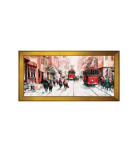 İstiklal Caddesi ve Tramvaylar Motifli Kanvas Tablo 50 x 70 cm Gold Çerçeve