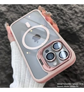 iPhone 13 Uyumlu Kılıf Klon Stantlı + Lens Korumalı MagSafe Kapak (Pembe)