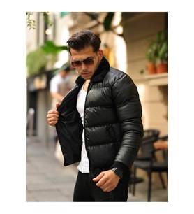 Erkek Siyah Şişme Deri Mont