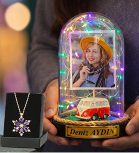 Kişiye Özel Renkli Led Işıklı Kırmızı Vosvoslu Fanus ve Gerçek Ametist Taşlı Lotus Kolye