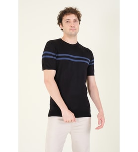 Giyim Dünyası Erkek Sıfır Yaka Çizgili Merserize T-Shirt Siyah