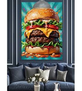 Peynir ve Domatesli Double Hamburger  Dekoratif Kanvas - Mdf Ahşap Tablo