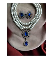 Safir Mavi Kristal Taşlı İnci Kolye ve Küpe Seti