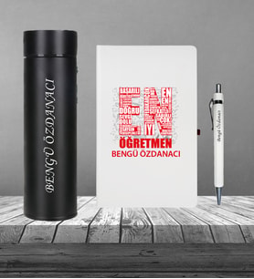 Öğretmeler Günü En Tasarım Kişiye Özel Kenarı Boyalı Cilt Bezi Defter Kalem Dereceli Termos Seti (Kırmızı)