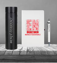 Öğretmeler Günü En Tasarım Kişiye Özel Kenarı Boyalı Cilt Bezi Defter Kalem Dereceli Termos Seti (Kırmızı)