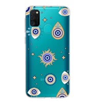PrintiFy Samsung Galaxy M21 ile Uyumlu 1mm Slim Fit Nazar Boncuğu 5 Baskılı Şeffaf  Kılıf