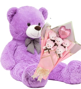 Anneler Gününe ÖZEL: Sevimli 90 cm Peluş Ayı ile Pembe Balonlu LED Işıklı Romantik Peluş Ayıcık Buketi- Doğum Günü, Özel Gün, Sevdiklerimize HEDİYE (Lila)