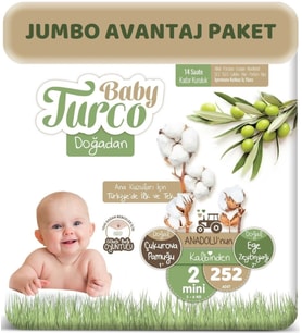 Baby Turco Bebek Bezi Doğadan Beden:2 (3-6Kg) Mini 252 Adet Jumbo Avantaj Pk