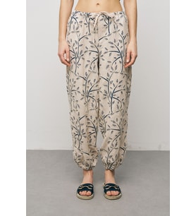 Kadın Botanical Line Nakış İşlemeli Beli Bağcıklı Bohem Pantolon (Lacivert)