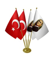 Masa Üstü Atatürk Bayrağı Türk Bayrağı Dörtlü Pirinç Direk Masa Bayrak Seti