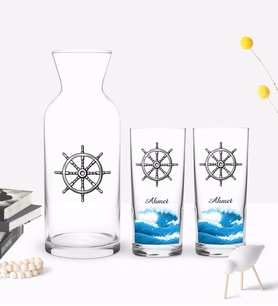 BK Gift Kişiye Özel Renkli Baskılı Dümen Tasarımlı İkili Rakı Bardağı ve Karaf Hediye Seti-1 (Model 1)