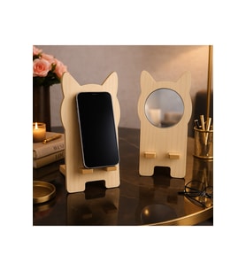 Kedi Şekilli Ayna Detaylı Ahşap Telefon Standı (Koyu Ahşap)