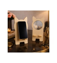 Kedi Şekilli Ayna Detaylı Ahşap Telefon Standı (Koyu Ahşap)