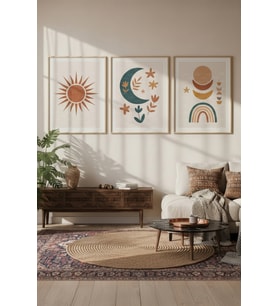 Güneş Ay ve Gökyüzü 3 Parçalı Ahşap Çerçeveli Tablo Seti - Minimalist
