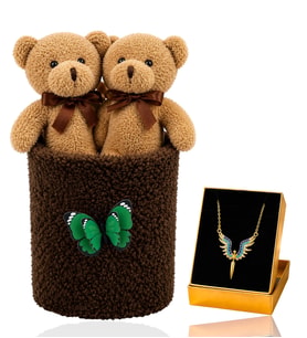 Peluş Saksıda Peluş Ayıcık Buketi ve Mikail Meleği Kolye Kadına Sevgiliye Arkadaşa Hediye Seti