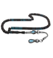 1000 Ayar Gümüş Kazaz Püsküllü Kesme Kesim Turkuaz-Siyah Ateş Kehribar Tesbih (Siyah - Turkuaz)