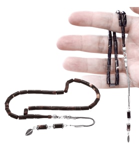 Sıkma Kehribar Tesbih - 925 Ayar Gümüş Püsküllü - Mini Boy - Kesme Kesim - Ebruli Renk